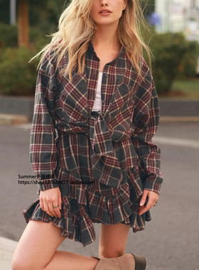 立领口袋长袖衬衫格子短裙套装 Checkered shirt short skirt set