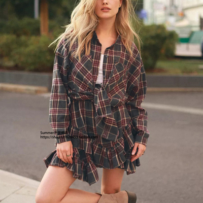 2025秋欧美休闲格子衬衫短裙套装