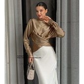 2025秋色丁缎面长袖 shirt colored 上衣不规则褶皱衬衫 Irregular