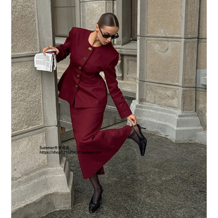 外套开叉半裙两件套Suit 收腰西装 长袖 set long skirt jacket 美式