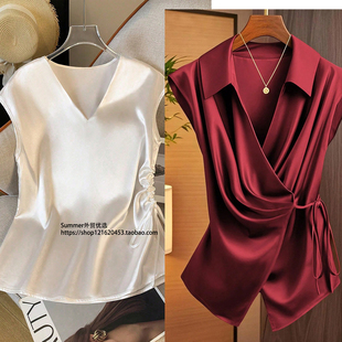 欧美色丁缎面衬衣系带蝴蝶结上衣抽绳衬衫 lace shirt Colored