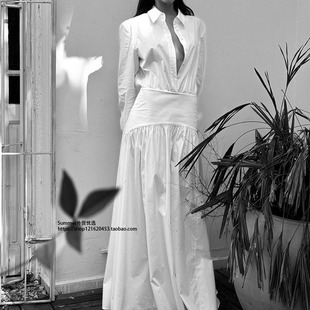 褶皱A字长裙翻领长袖 shirt 衬衫 Long dress 连衣裙女 2025春夏新款