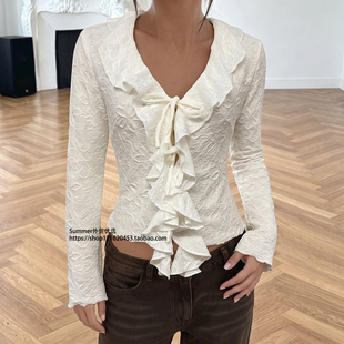 欧美休闲系带木耳边V领长袖T恤女 Tie up mushroom edge T-shirt