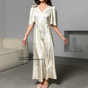 欧美缎面短袖高腰V领碎花连衣裙Satin short V-neck floral dress