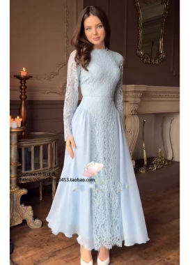欧美2025夏复古优雅长袖绑带收腰长裙柔美连衣裙 Blue lace dress