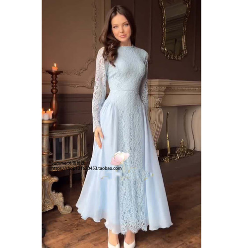 2025夏欧美蕾丝拼接绑带收腰长裙