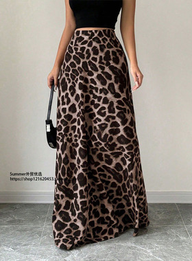 2025夏色丁缎面豹纹半身裙仿真丝长裙 Satin leopard print skirt