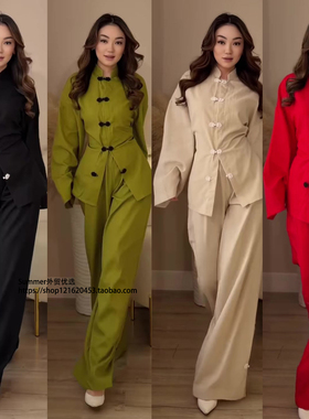 欧美复古长袖盘扣衬衫长裤两件套 Button up shirt and pants set