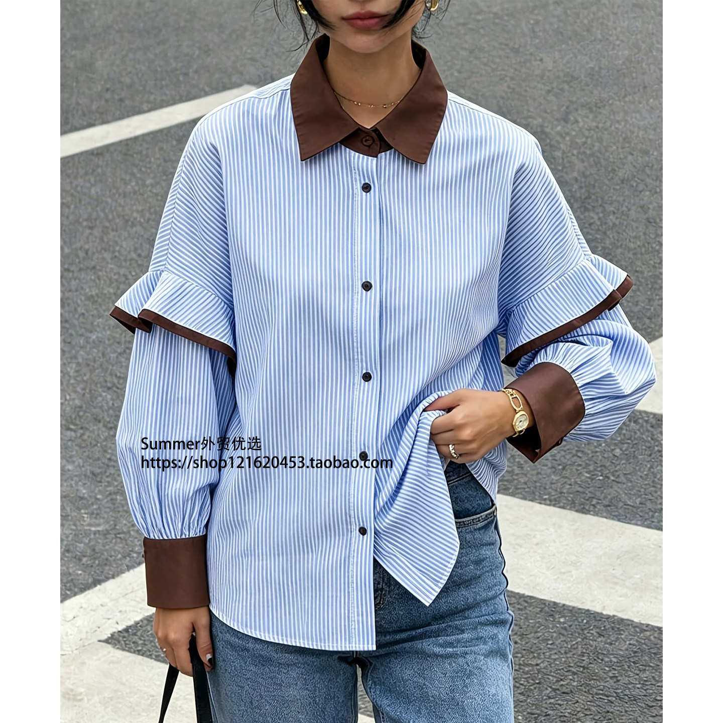 2026欧美条纹宽松休闲长袖衬衫Striped loose long sleeved shirt