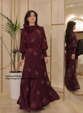 欧美2026春时尚印花长袖连衣裙收腰长裙 Printed leading dress