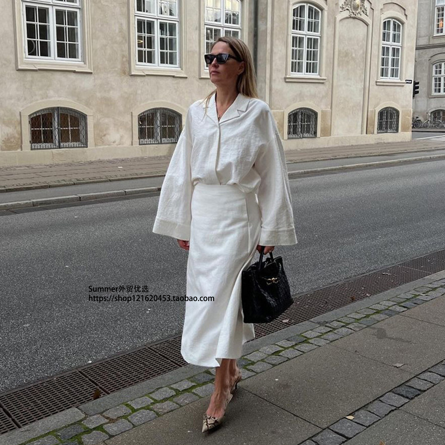 2026春欧美翻领宽松上衣长裙套装