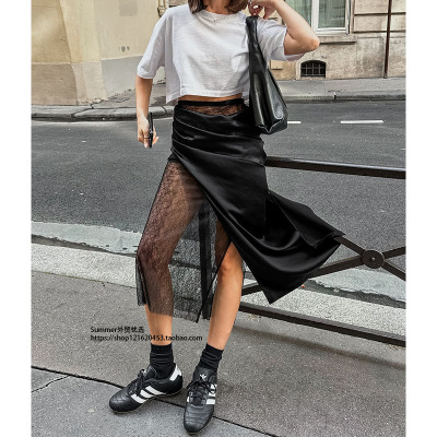 色丁网纱接接半身裙女半透明长裙
