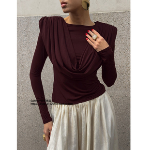 base collar shirt T恤高级感绝美打底上衣Swing 褶皱收腰荡领长袖