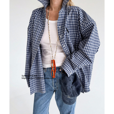 2026春欧美蓝色纯棉格子宽松衬衫