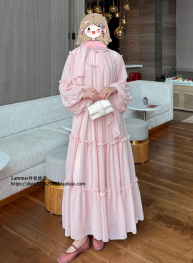 迪拜中东奢华长袖雪纺连衣裙大裙摆蛋糕裙双层长袍 chiffon dress