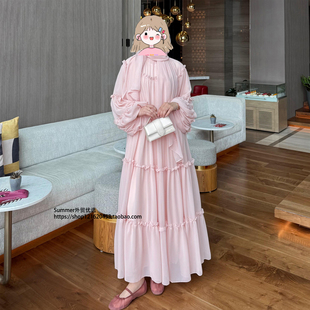 迪拜中东奢华长袖雪纺连衣裙大裙摆蛋糕裙双层长袍 chiffon dress