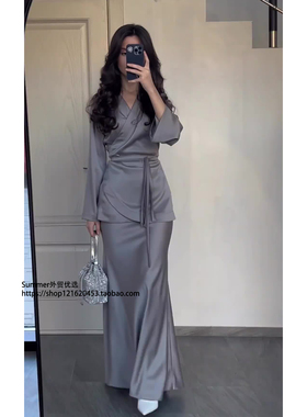 欧美缎面收腰系带上衣长裙两件套Lace up top and long skirt set