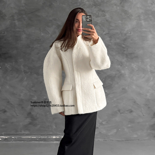 collar high jacket Half 欧美加厚毛呢外套小众半高领收腰上衣女