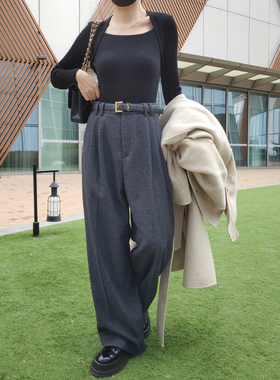 MUKAI SYO 2021冬季新 毛呢羊毛人字纹阔腿高腰长裤 显瘦拖地裤