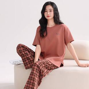 专柜官方睡衣女款夏季2026新款纯棉带胸垫短袖长裤套装大码全棉家