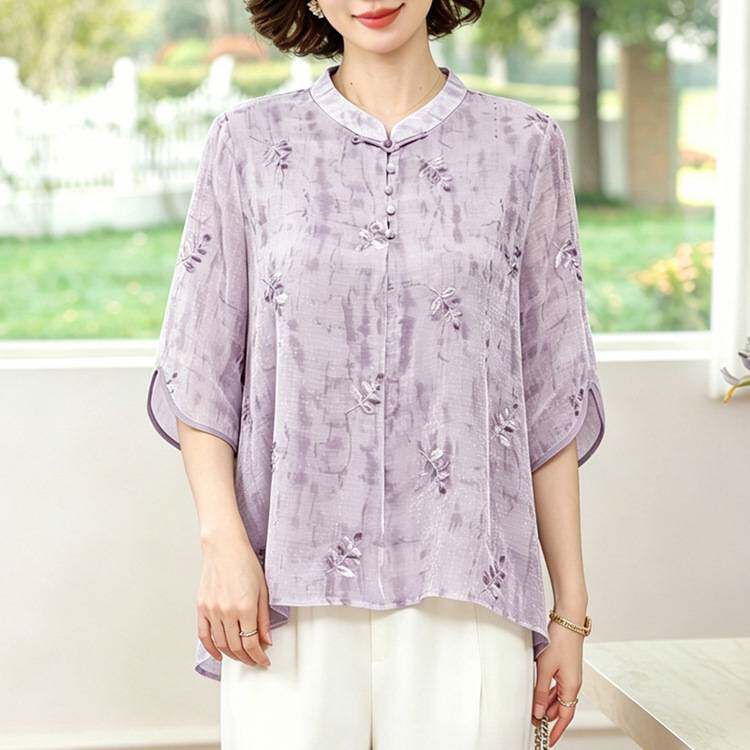 专柜官方新中式妈妈夏装雪纺小衫端庄大气上衣中老年人女国风T恤