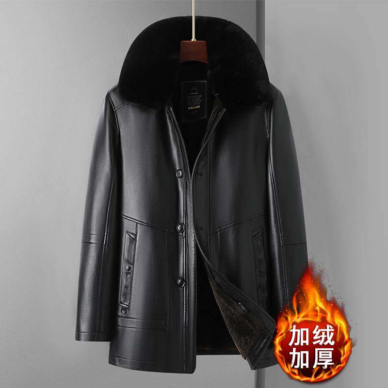 专柜品牌爸爸冬装皮衣加绒加厚毛领外套中老年男装新款保暖皮夹克