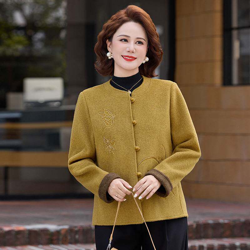 专柜官方新中式酒红色双面呢毛呢短款外套女圆领刺绣开衫气质呢子