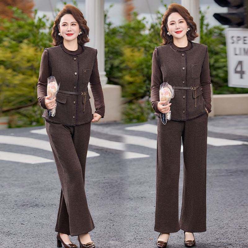 专柜品牌中年妈妈春秋套装洋气上衣时尚新款气质马夹中老年女装毛