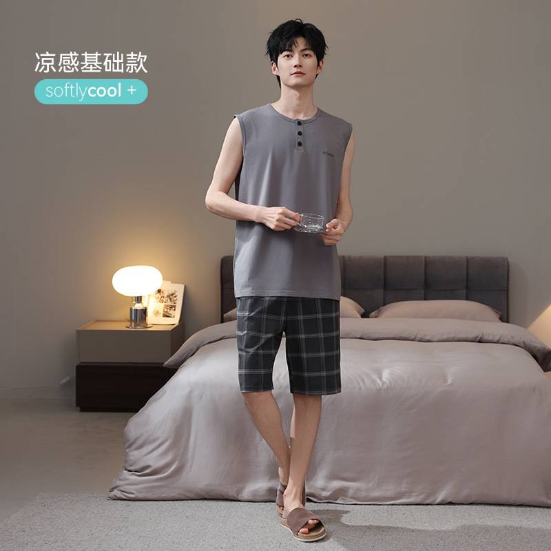 专柜官方纯棉睡衣男士夏季背心无袖短裤薄款夏天全棉男款加大码家