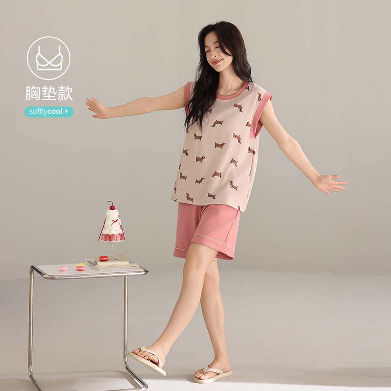 专柜官方纯棉睡衣女夏季背心短裤套装薄款夏天全棉可外穿无袖带胸