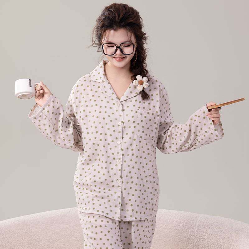 专柜品牌爆款睡衣女士春秋季纯棉开衫翻领波点休闲套装少女家居服