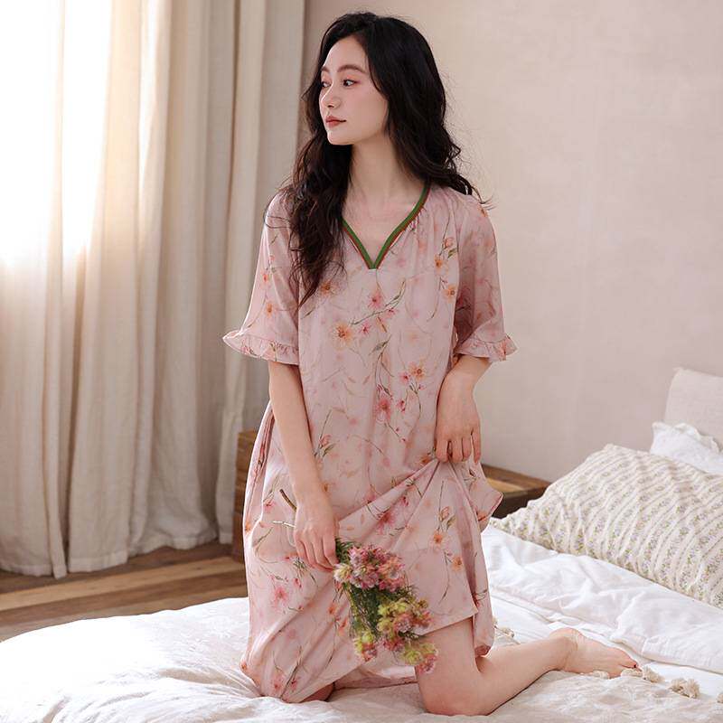 专柜官方莱赛尔睡裙女士夏季薄款短袖中长裙家居服中年妈妈高级感
