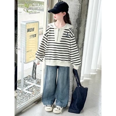 专柜品牌女童秋季韩版休闲条纹卫衣套装2025新款女大童洋气时髦儿