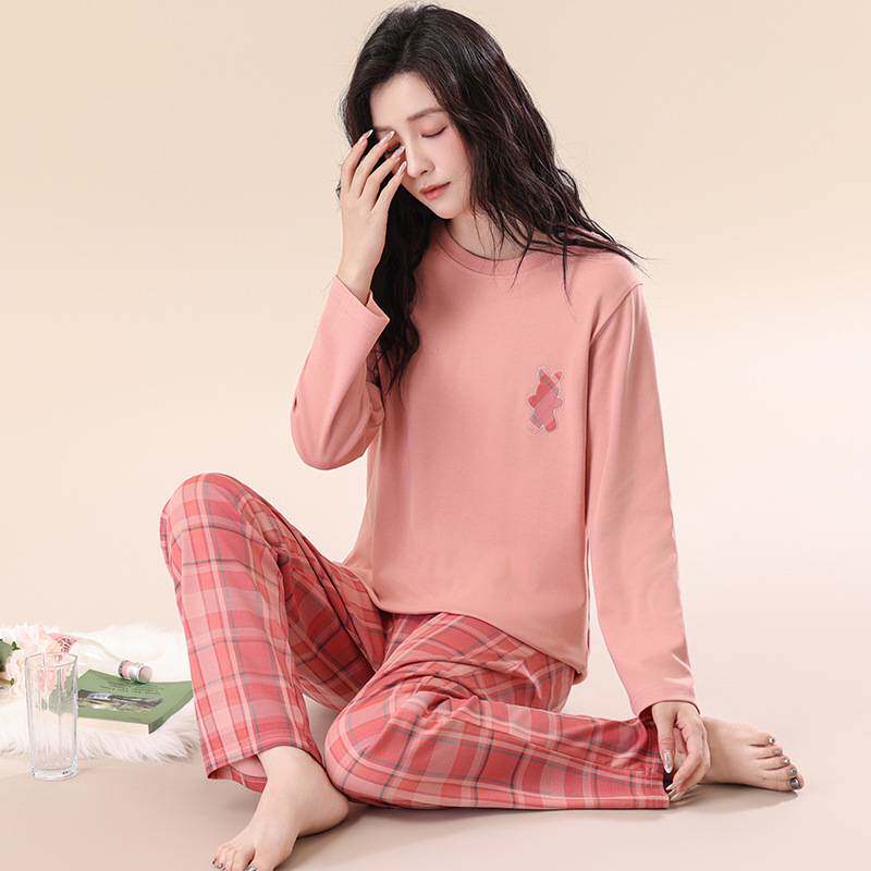 专柜品牌纯棉睡衣女长袖圆领套装格子春秋季全棉家居服女简约薄款