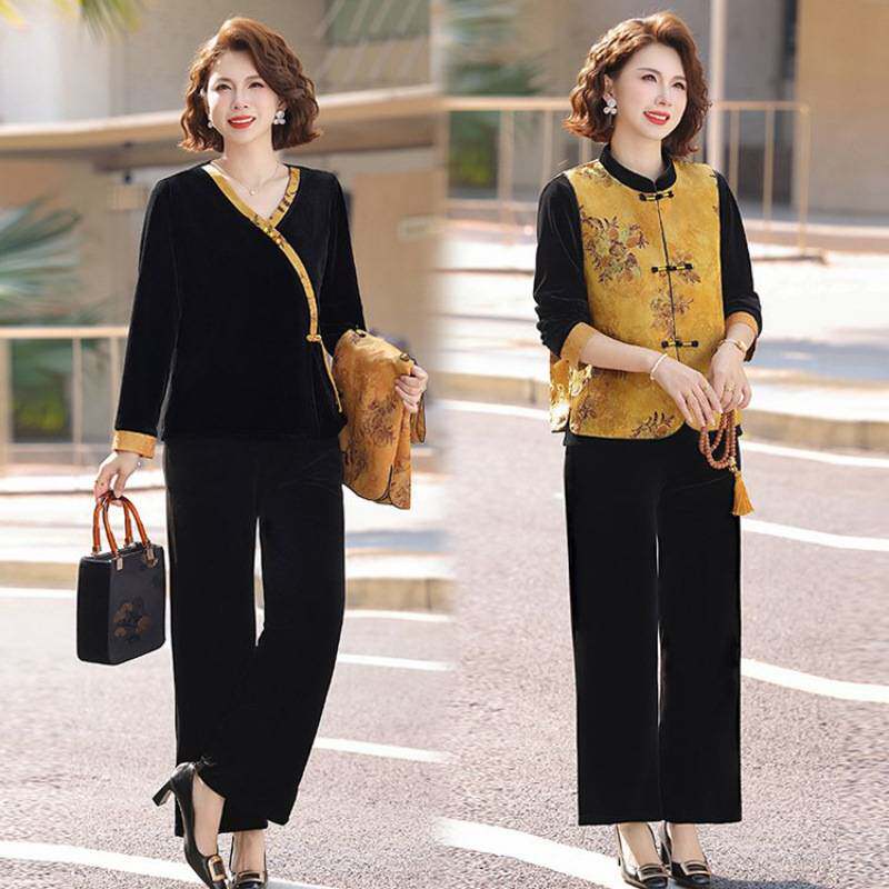 专柜品牌新中式妈妈春装套装国风金丝绒三件套中老年春秋端庄大气