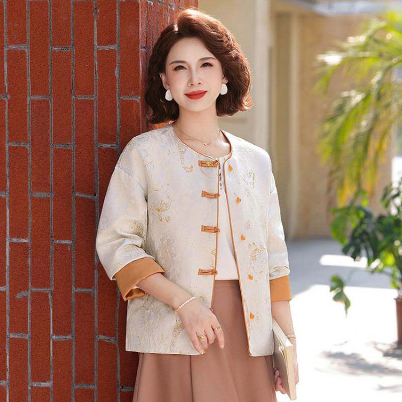 专柜品牌优雅复古中式盘扣设计宽松大码外套中老年女士春秋款时尚