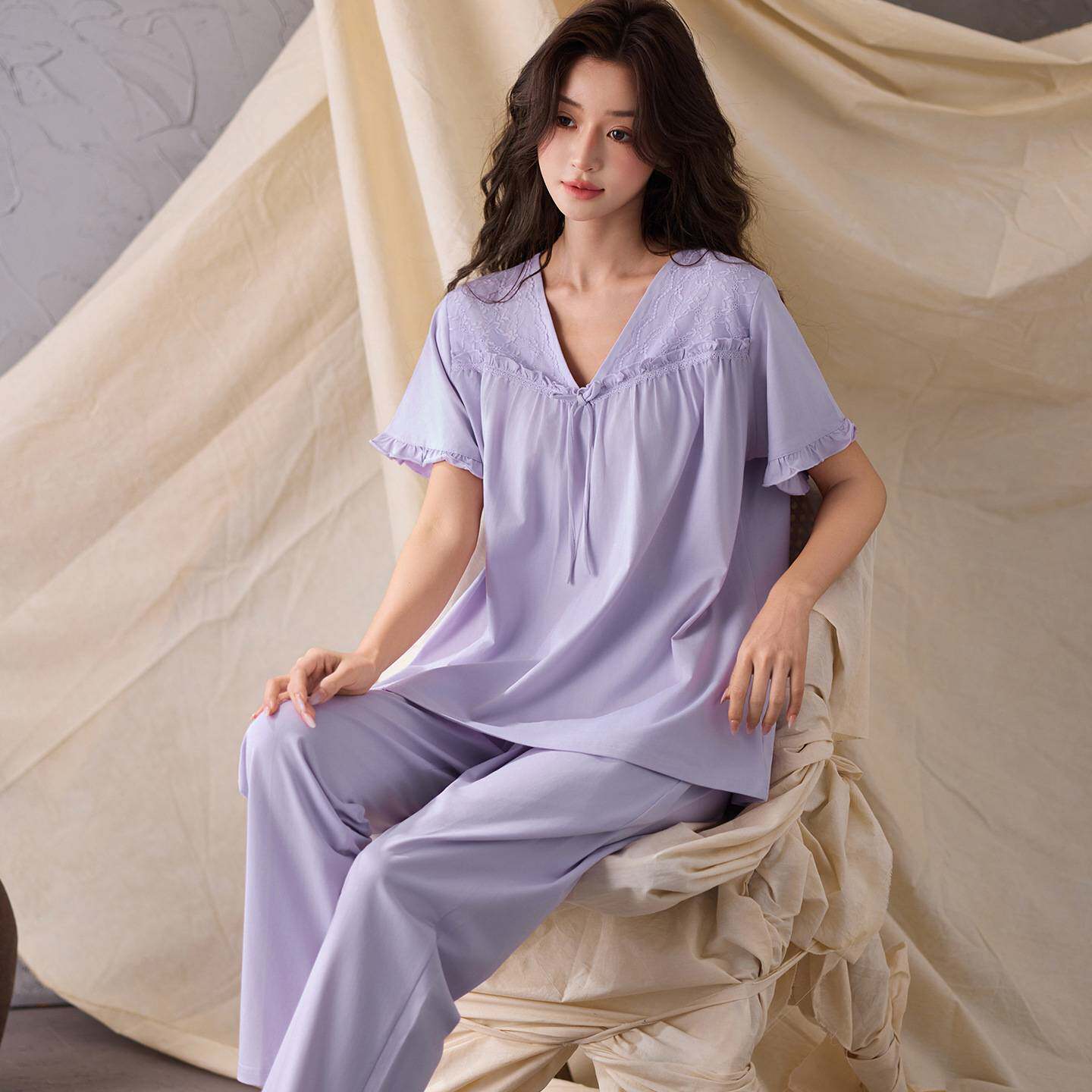 专柜品牌短袖睡衣女夏季莫代尔长裤套装带胸垫薄款宽松家居服女大