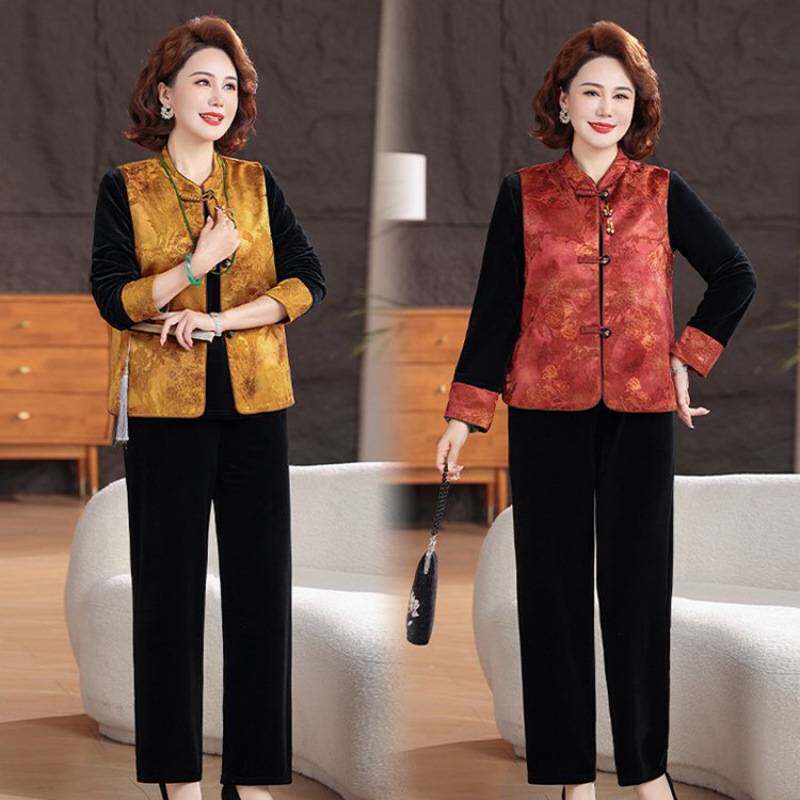 专柜品牌时尚新款妈妈春装新中式国风刺绣马甲三件套中老年人女装