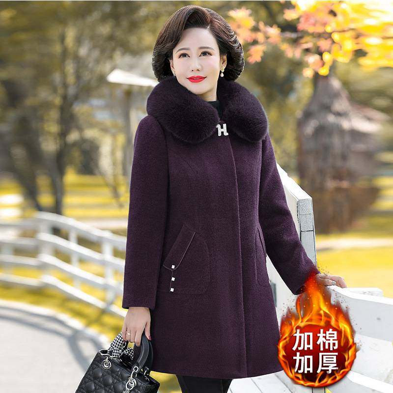 专柜品牌妈妈仿水貂绒上衣冬装毛呢外套洋气中老年女装中长款加棉