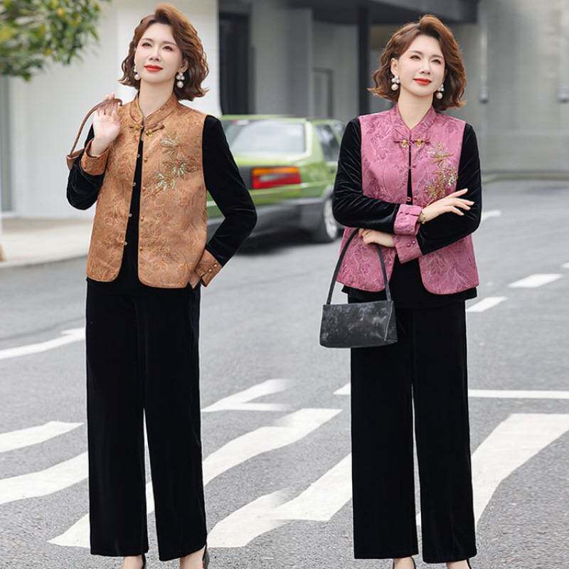 专柜品牌新中式妈妈春装金丝绒小衫新款中老年春秋国风三件套装马