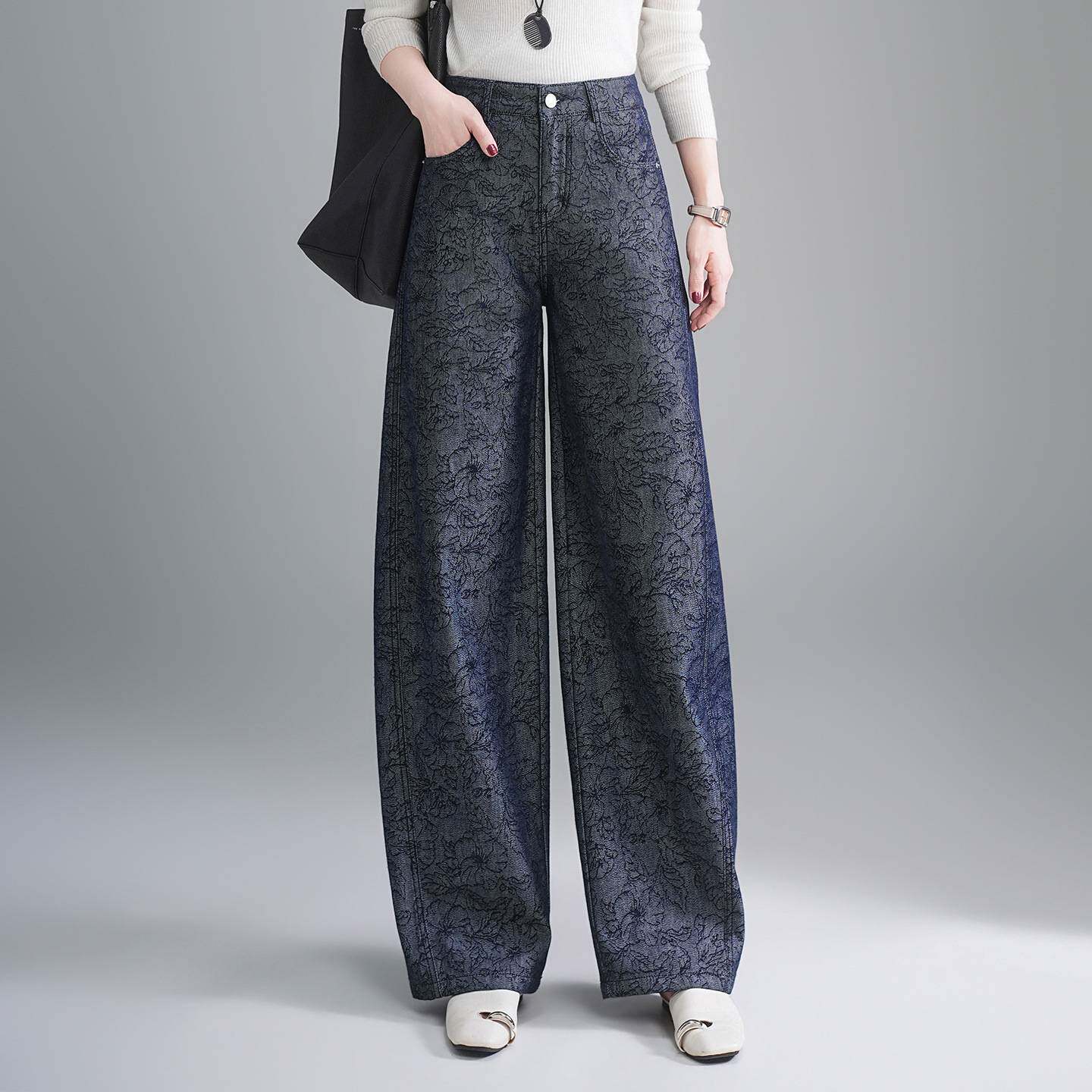 专柜品牌提花牛仔阔腿裤女春秋季2626新款高腰宽松显瘦百搭印花直