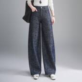 高腰宽松显瘦百搭印花直 2626新款 专柜品牌提花牛仔阔腿裤 女春秋季