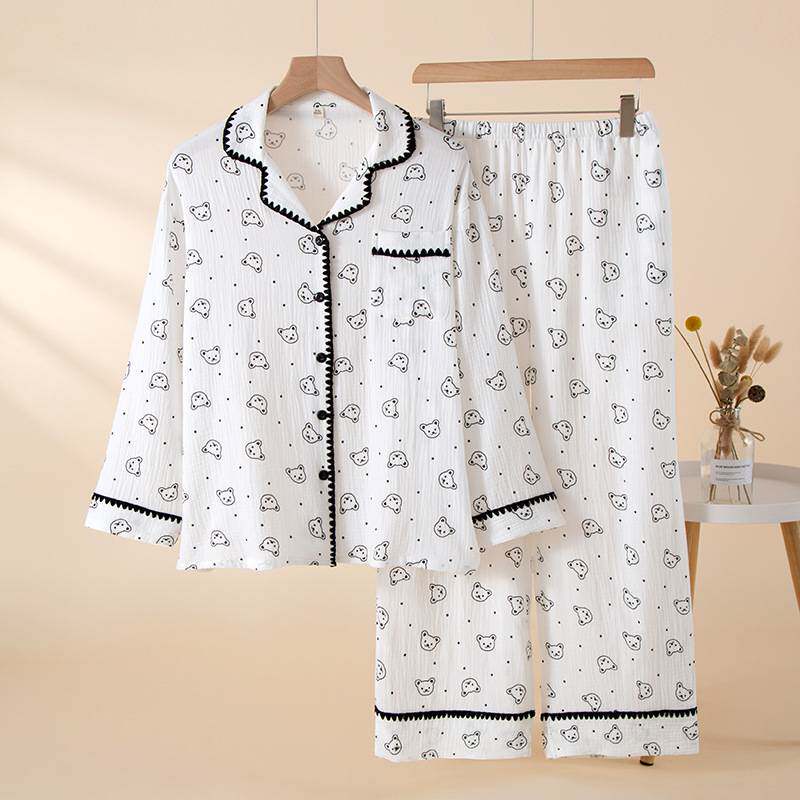 专柜品牌纯棉女士睡衣长袖长裤春秋季全棉家居服女款青年成年人套