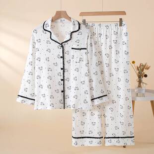 专柜品牌纯棉女士睡衣长袖长裤春秋季全棉家居服女款青年成年人套