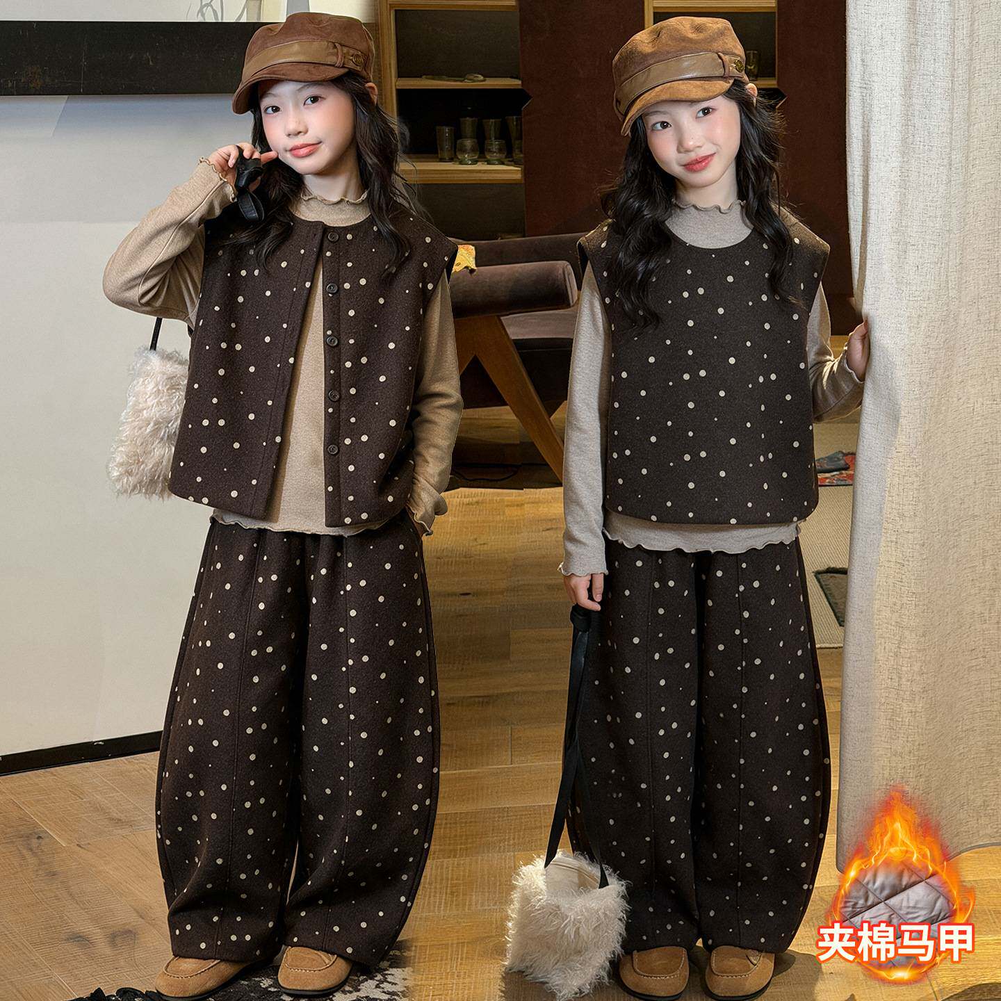 专柜品牌秋冬女童加绒加厚套装2026新款儿童毛呢马甲裤子打底衫三
