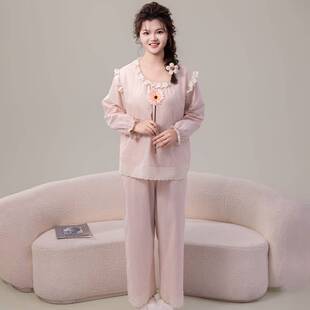 专柜品牌春秋季带胸垫纯棉睡衣女甜美可爱女士圆领家居服可外穿大