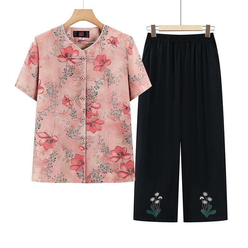 专柜官方中老年人夏季洋气套装妈妈休闲衣服老太太碎花短袖开衫裤