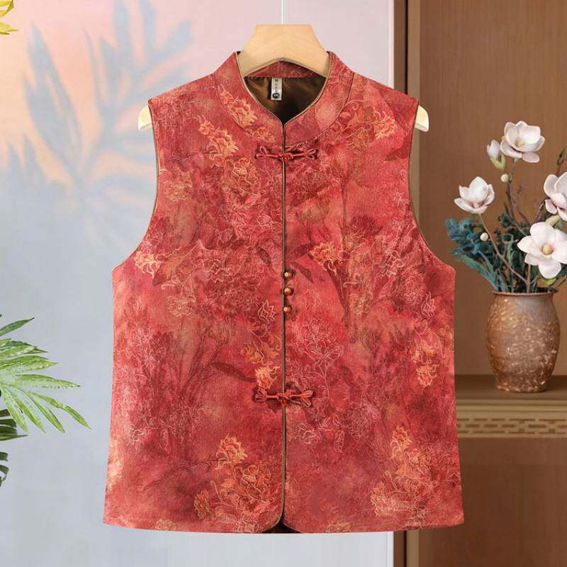 专柜品牌中老年女士大码复古中式风格内搭马甲红色与金色两色可选