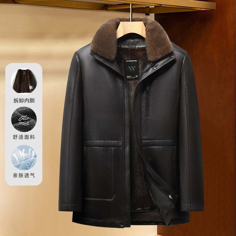 专柜品牌中老年人男士皮夹克加绒加厚款冬季皮毛一体御寒保暖爸爸