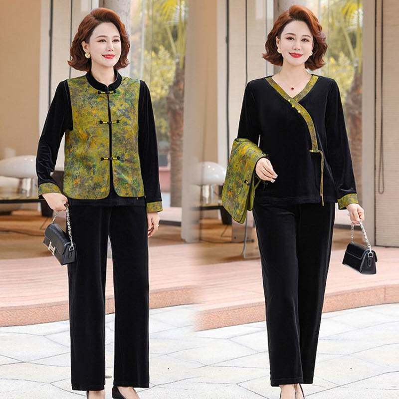 专柜品牌新中式妈妈春装套装中老年国风马甲外套洋气春秋金丝绒小